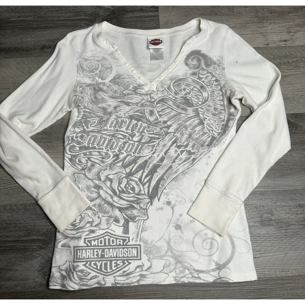 Harley-Davidson Shirt Womens M White Long Sleeve V-Neck Thermal Henley
